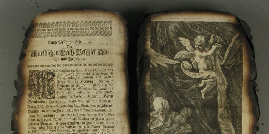 Zwei beschädigte Buchseiten mit verbrannten Kanten