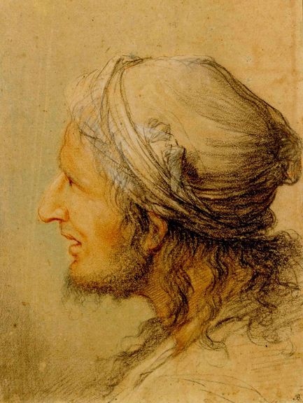 Bildnr. I/31: Salvator Rosa (1615–1673), Männlicher Kopf mit Turban, um 1640/50, Rötel und schwarze und weiße Kreide