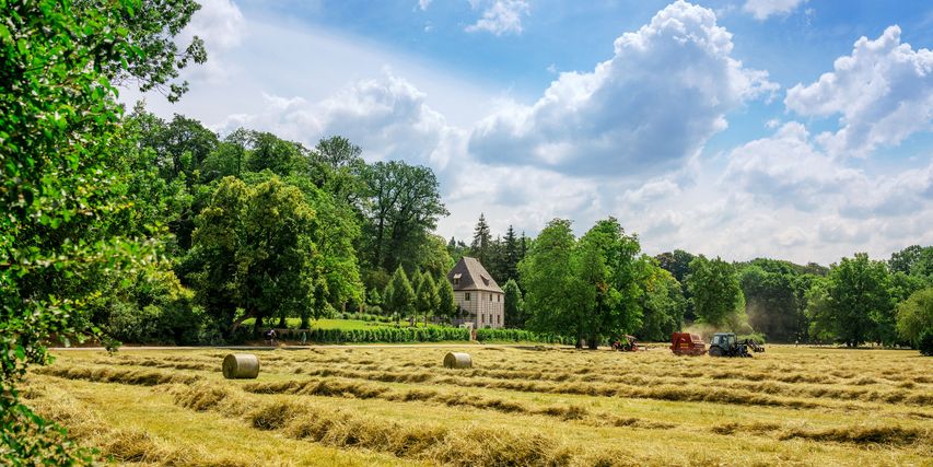 Vor Goethes Gartenhaus wird Heu gepresst.