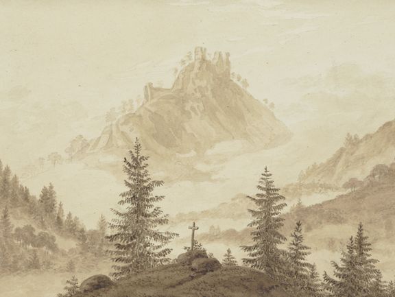 Friedrich, Caspar David: “Mountain Landscape with Fog in the Valleys, in the Foreground a Cross Among Some Fir Trees”, ca. 1804/05