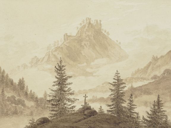 Friedrich, Caspar David: "Gebirgige Landschaft mit Nebel in den Thälern, vorn ein Kreutz bei einigen Tannen", um 1804/05