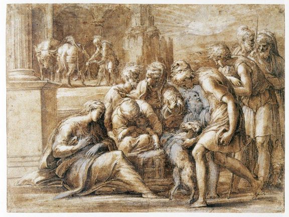  Girolamo Francesco Maria Mazzola, gen. Il Parmigianino, Anbetung der Hirten, um 1523/27, Feder und Pinsel in Braun, weiß gehöht 