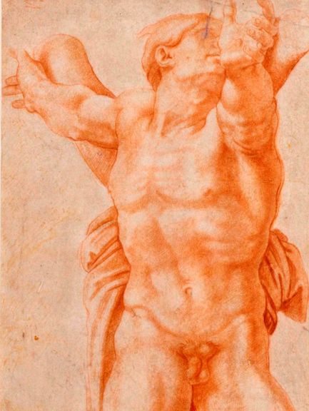Bildnr. I/9: Francesco Salviati (1510–1563), Studie nach dem gekreuzigten Haman von Michelangelo Buonarotti, um 1534, Rötel