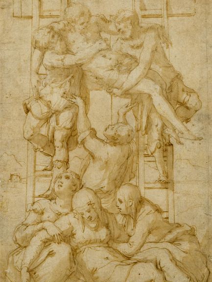 Bildnr. I/13: Giorgio Vasari (1511–1574), Kreuzabnahme Christi, 1543, Feder und Pinsel in Braun und schwarze Kreide 