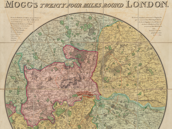 Zu sehen ist eine Karte mit dem Titel "Mogg's Twenty Four Miles Round London", die in London 1812 erschien. Sie gehört zur Kartensammlung. Signatur: Kt 213 - 113 E.