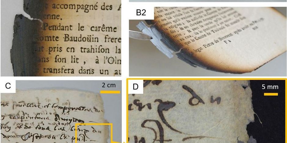 Mit fünf Fotos von brandgeschädigten Buchseiten wird gezeigt, wie nanofibrillierte Cellulose das Papier stabilisiert.