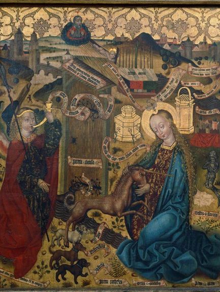  Erfurt, Werkstatt des Allendorfer Altars, rechter Altarflügel aus Heilsberg mit Einhorn-Verkündigung, um 1490 