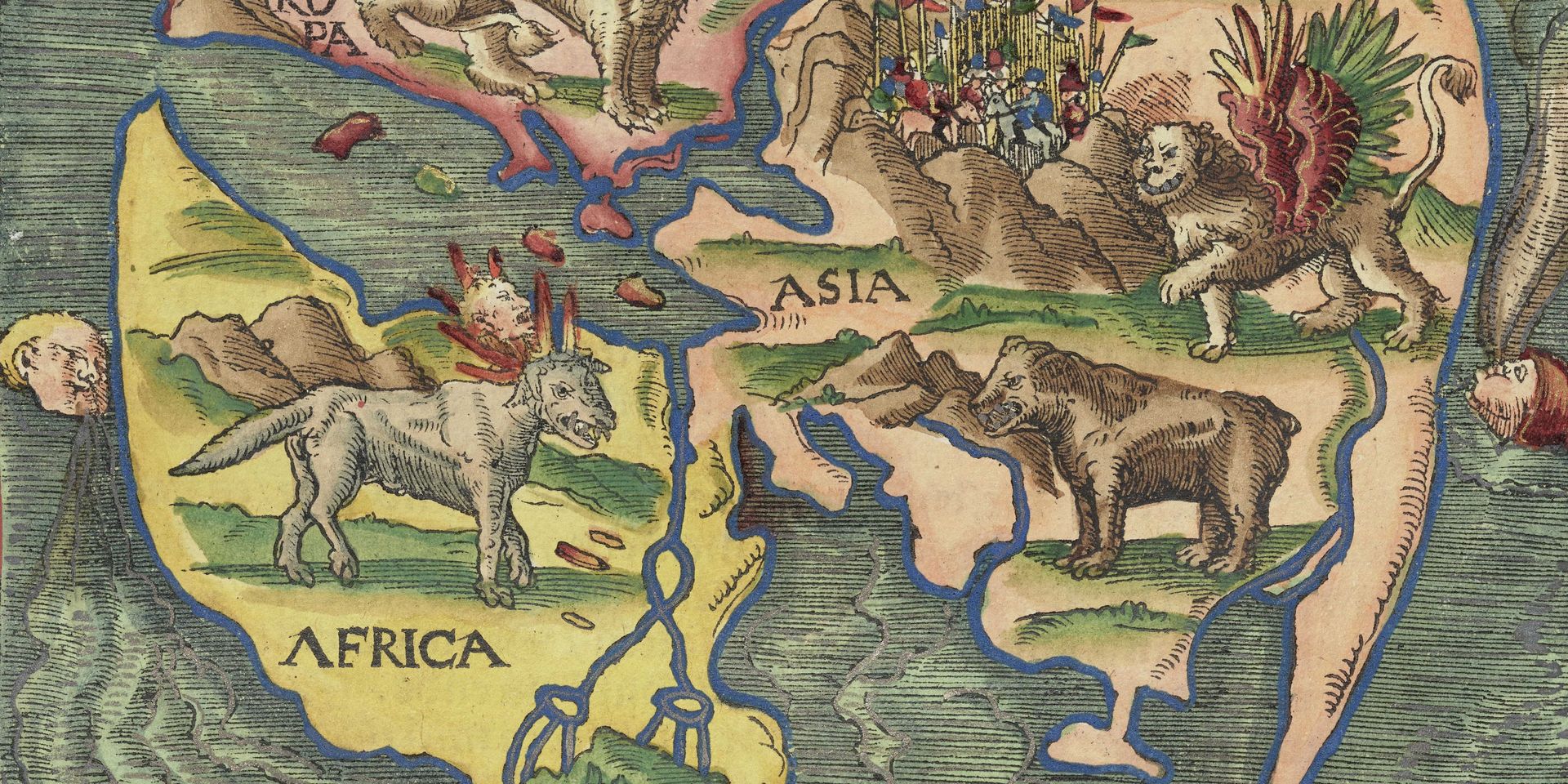 Historical world map with colourful illustrations of continents and animals