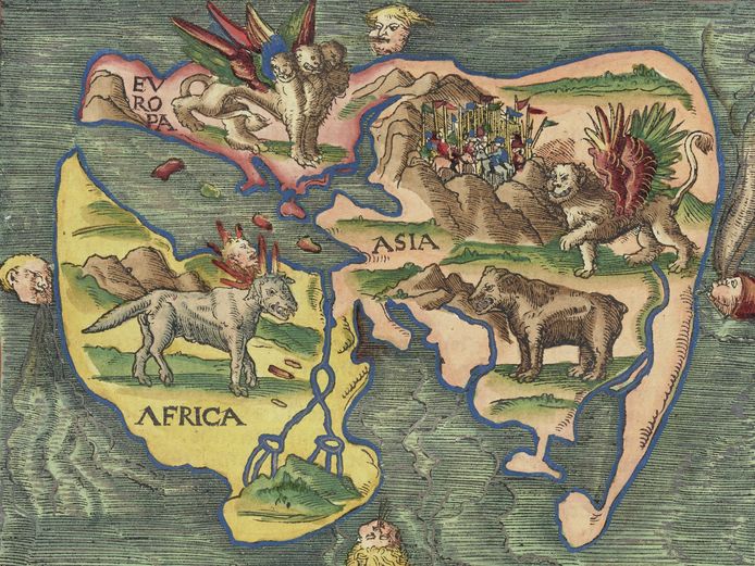 historische Weltkarte mit bunten Illustrationen von Kontinenten und Tieren