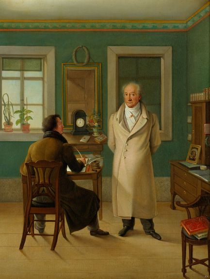 Johann Joseph Schmeller, Johann Wolfgang Goethe in seinem Arbeitszimmer im Wohnhaus am Frauenplan, dem Schreiber John diktierend, 1834 