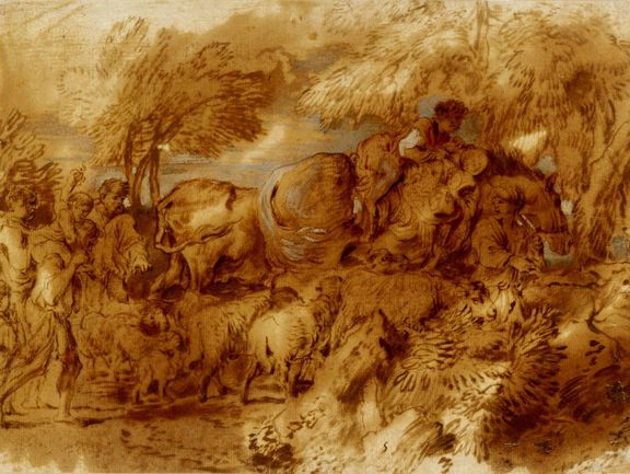 Bildnr. I/33: Giovanni Castiglione (1609–1664), Ziehende Hirtenfamilie mit Herde, um 1650, Pinsel in Braun, Rot und Weiß 