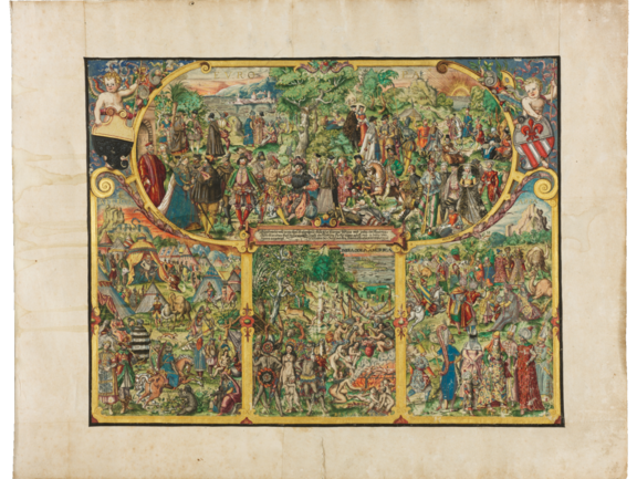 In einer viergeteilten farbigen Grafik sind stereotyp und szenenreich die Bewohner verschiedener Kontinente dargestellt.