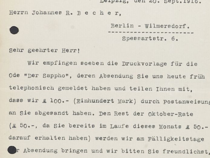 Letter (copy) by the Inselverlag to Johannes R. Becher (20 September 1916)