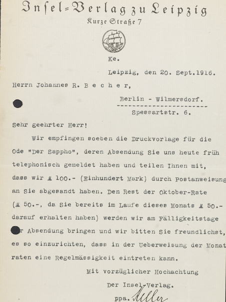 Digitalisat des Briefes (Kopie) des Inselverlags an Johannes R. Becher (20. September 1916) 