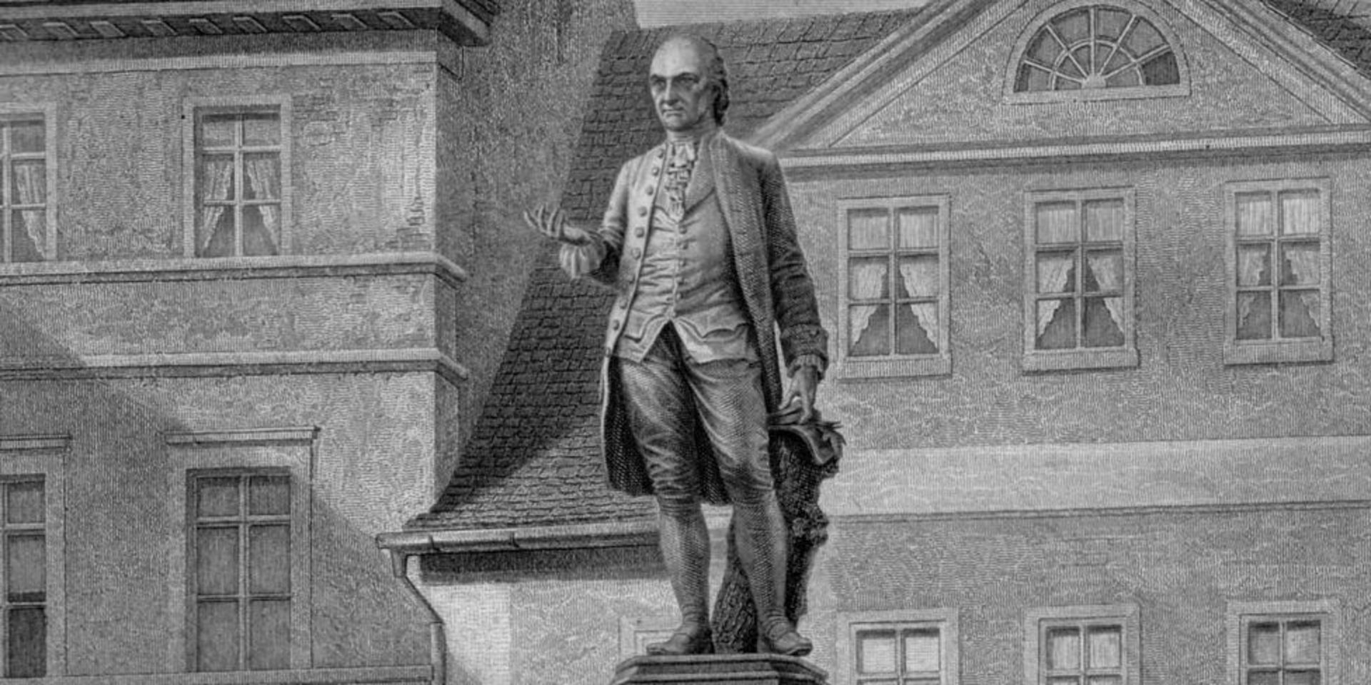 Black and white engraving of the Wieland Monument