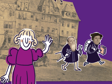 Heftcover der Rucksacktour „Unterwegs mit Barbara Brück“. Die Figur Barbara Brück steht winkend im Bild. Dahinter Comicfiguren von Lucas Cranach und Martin Luther und die Abbildung einer alten Stadtkulisse.