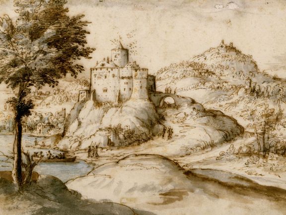 Bildnr. I/14: Gherardo Cibo (1512–1600), Berglandschaft mit Burg an einem Flusslauf, Feder in Braun, Pinsel in Braun, Grau, Rot, Blau und weiß gehöht