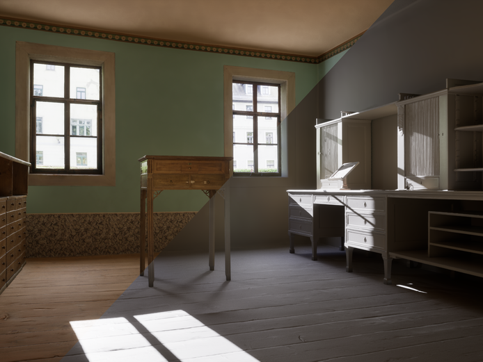 3D-Modulation von einem Arbeitszimmer mit Schränken und Schreibtisch in der Mitte