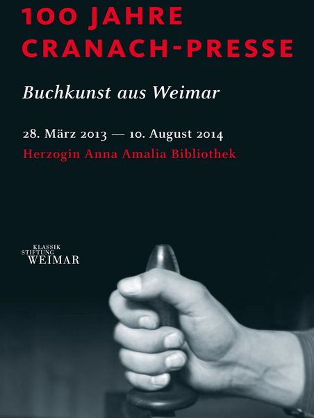 Cover of the exhibition flyer “100 Years of the Cranach-Presse. Book Art from Weimar”. The image depicts the typesetting stamp used by the Cranach-Presse, workshop photo by Ursula Braune