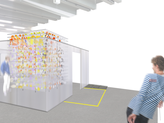 Visualierung von einer Ausstellung, die im Raum durch aufgebaute Wände abgegrenzt wird.