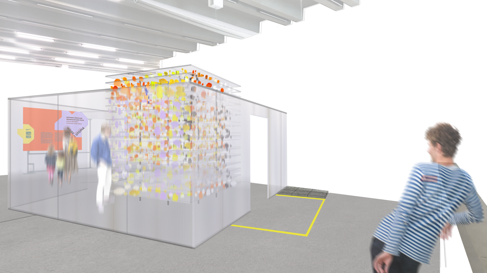 Visualierung von einer Ausstellung, die im Raum durch aufgebaute Wände abgegrenzt wird.