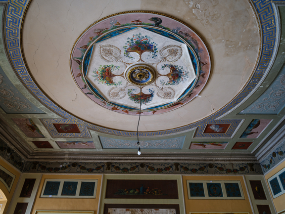An ornate ceiling and a hanging lightbulb