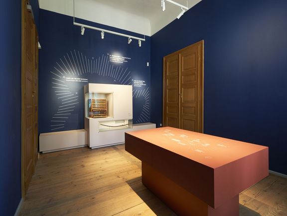 Vitrine in einem Ausstellungsraum, darin Festungsmodelle und ein Säbel