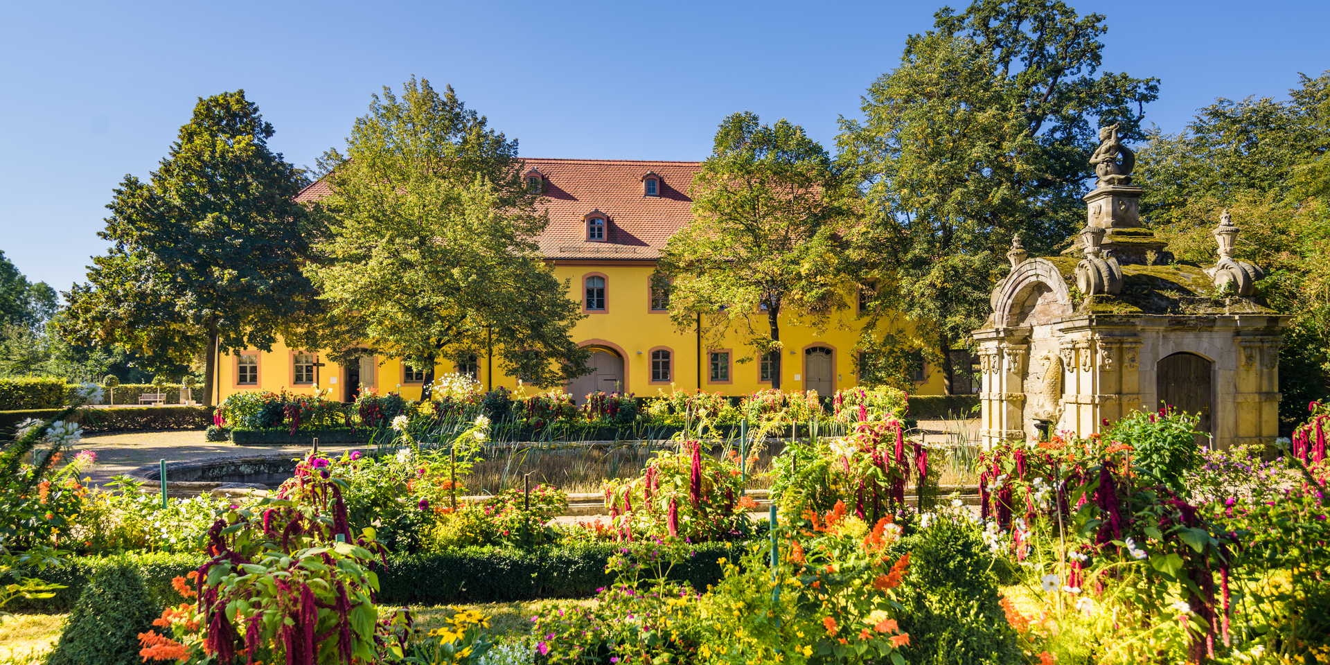 Blick über Blumenbeete und Brunnenhof auf das Gutshaus