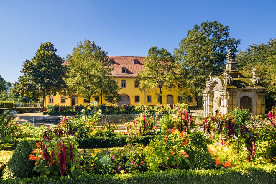 Blick über Blumenbeete und Brunnenhof auf das Gutshaus