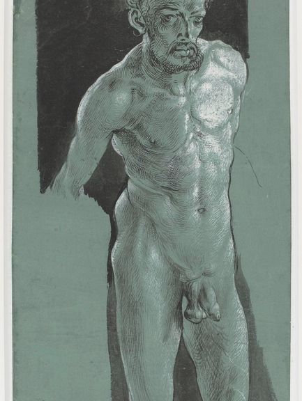  Albrecht Dürer, Selbstbildnis als Akt, 1500/05, Feder und Pinsel in Schwarz, weiß gehöht 