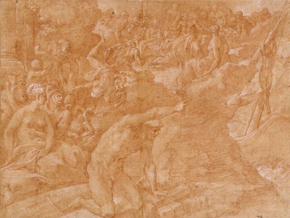 Bildnr. I/10: Francesco Primaticcio (1504–1570), Merkur befreit Odysseus aus den Armen der Kalypso, vor 1541, Rötel, weiß gehöht
