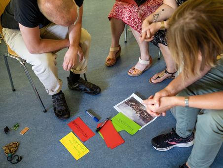 Vier Personen bei der Gruppenarbeit. Sie sitzen um mehrere rote, grüne und gelbe Moderationskarten und ein Bild herum.