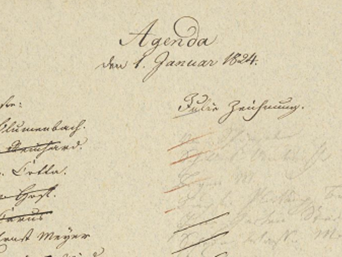 Ausschnitt aus dem Agendazettel Goethes vom 1. Januar 1824 Ausschnitt aus dem Agendazettel Goethes vom 1. Januar 1824