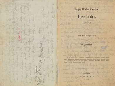 Seite eines Buchs von Ralph Waldo Emerson mit vielen Notizen von Friedrich Nietzsche