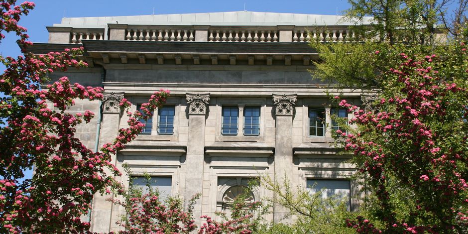 Ansicht Haus Hohe Pappeln im Frühling