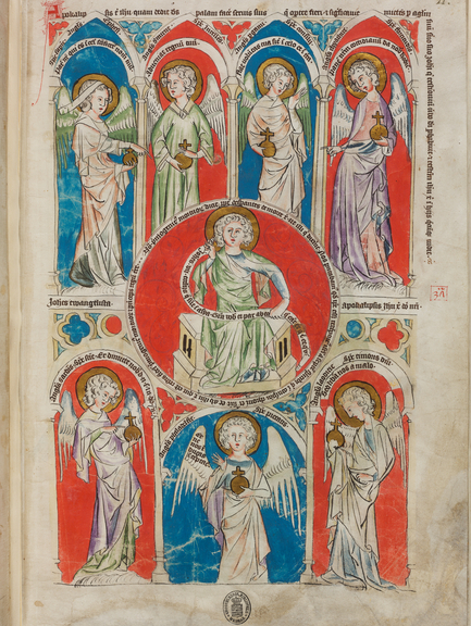 Abbildung aus der Handschrift [Biblia Pauperum. Apocalypsis] Prophetiæ ac figuræ de Christo Messia in sacris Biblijs contentæ per imagines repræsentatæ, vermutlich in Erfurt gedruckt, circa 1340-1350. Die Handschrift gehört zur Handschriftensammlung. Signatur: Fol max 4.