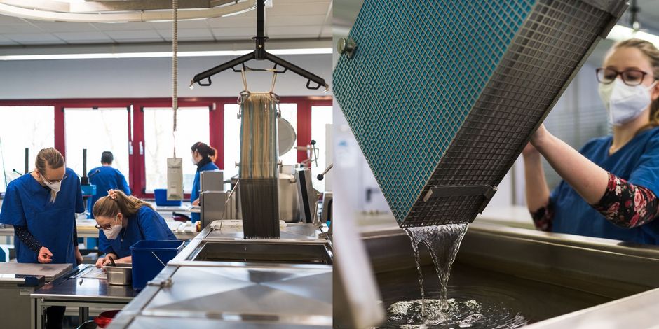 Mehrere Personen arbeiten in einer Restaurierungswerkstatt.