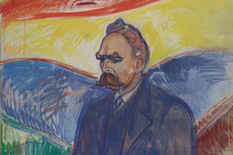 Friedrich Nietzsche, aufrecht stehend vor Bergkulisse mit Stadt bei Sonnenaufgang, © Munchmuseet