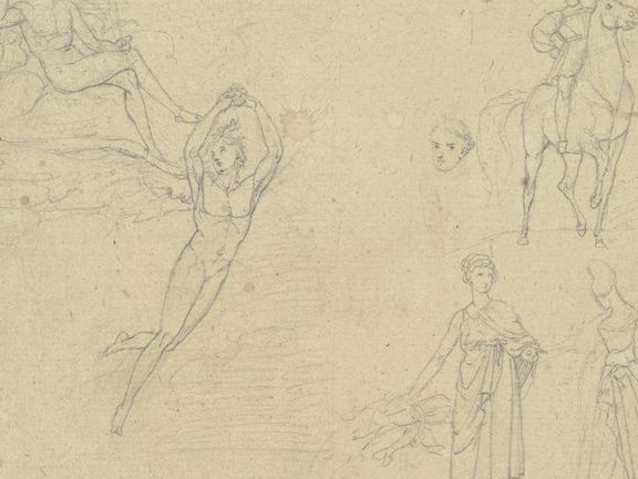  Peter von Cornelius: Skizzen zu Gretchen und Faust. [Handzeichnungen zu Goethes Faust]. [ca. 1820]. 17 x 20,5 cm 