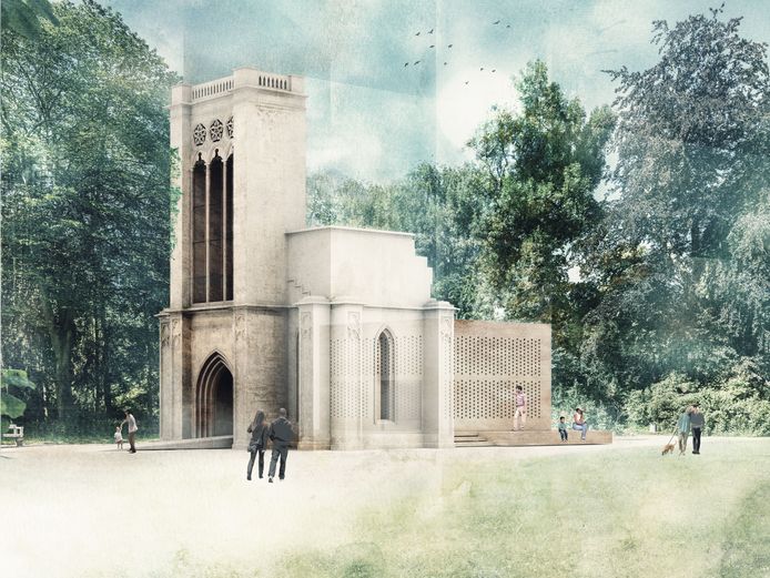 Graphische Visualisierung eines Pavillons und einer Ruine im Park