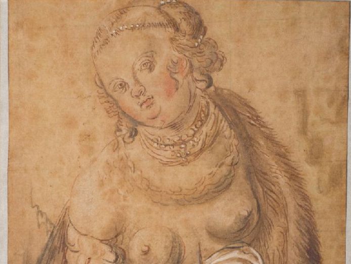 Lucretia mit nacktem Oberkörper und Dolch in der Hand