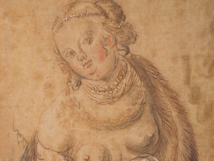 Lucretia mit nacktem Oberkörper und Dolch in der Hand