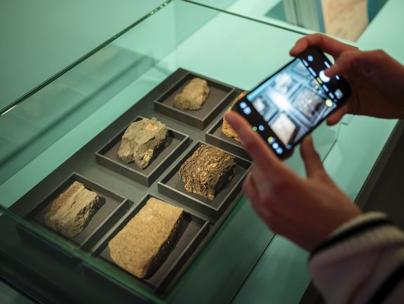 Gesteine und Mineralien in einem gläsernen Ausstellungskasten