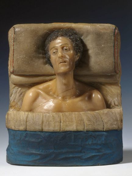  Oberkörper eines sterbenden Mannes im Bett, Wachs, 17. Jh.