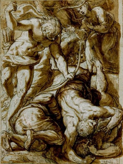 Bildnr. I/16: Giuseppe Porta (1520–1575), Tod der Niobiden, Feder und Pinsel in Braun, weiß gehöht mit Umrandung