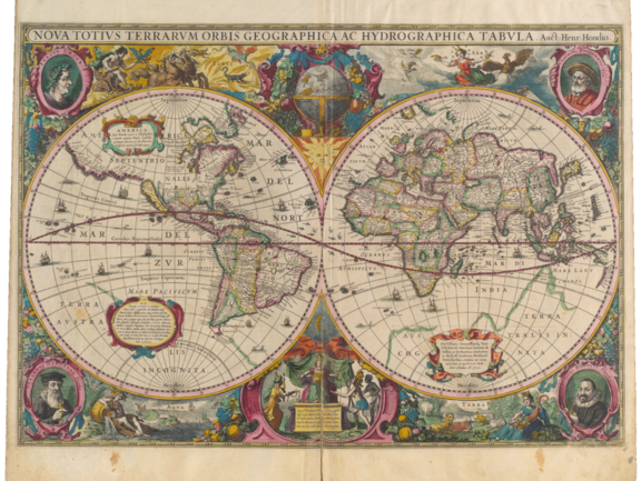 Eine Doppelprojektion der Erdkugel mit gekrümmten Liniennetz überzogen aus dem Jahr 1572. Es fehlt der australische Kontinent. Der amerikanische Kontinent ist geografisch nicht vollständig erschlossen.