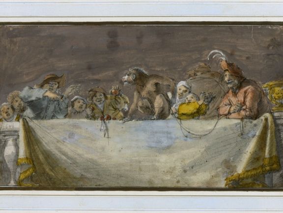  Cornelis Saftleven, Gesellschaft hinter einer Balustrade, 1646, schwarze Kreide, Aquarell und Gouache 