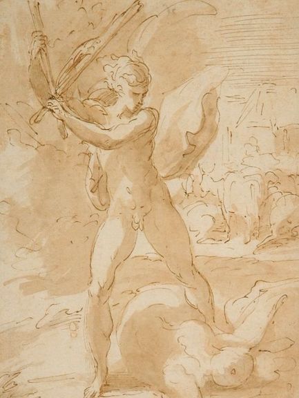 Bildnr. I/8: Girolamo Francesco Maria Mazzola, gen. Il Parmigianino (1452–1519), Herkules erschlägt Geryones, Feder und Pinsel in Braun 