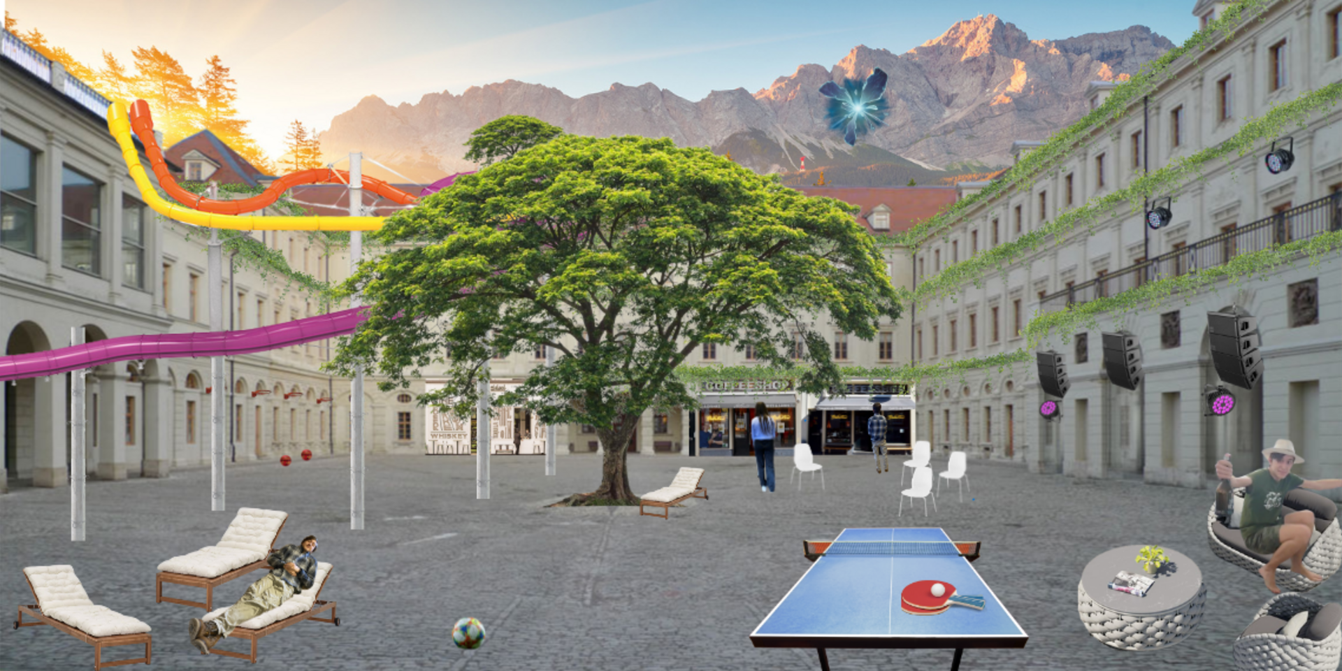 Die Collage zeigt eine Utopie des Schlossmuseums Weimar, in der eine Tischtennisplatte, Liegestühle, gepolsterte Sitzbänke, eine Wasserrutsche und eine Soundanlage innerhalb des Innenhofes untergebracht sind. In der Mitte vom Hof steht ein großer Baum mit langen hellgrünen Blättern.