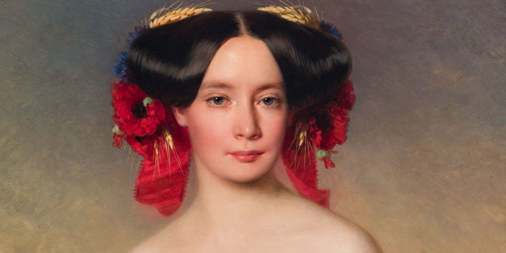 Sophie von Sachsen-Weimar-Eisenach wird mit Kleid und Blumenschmuck im Haar dargestellt.